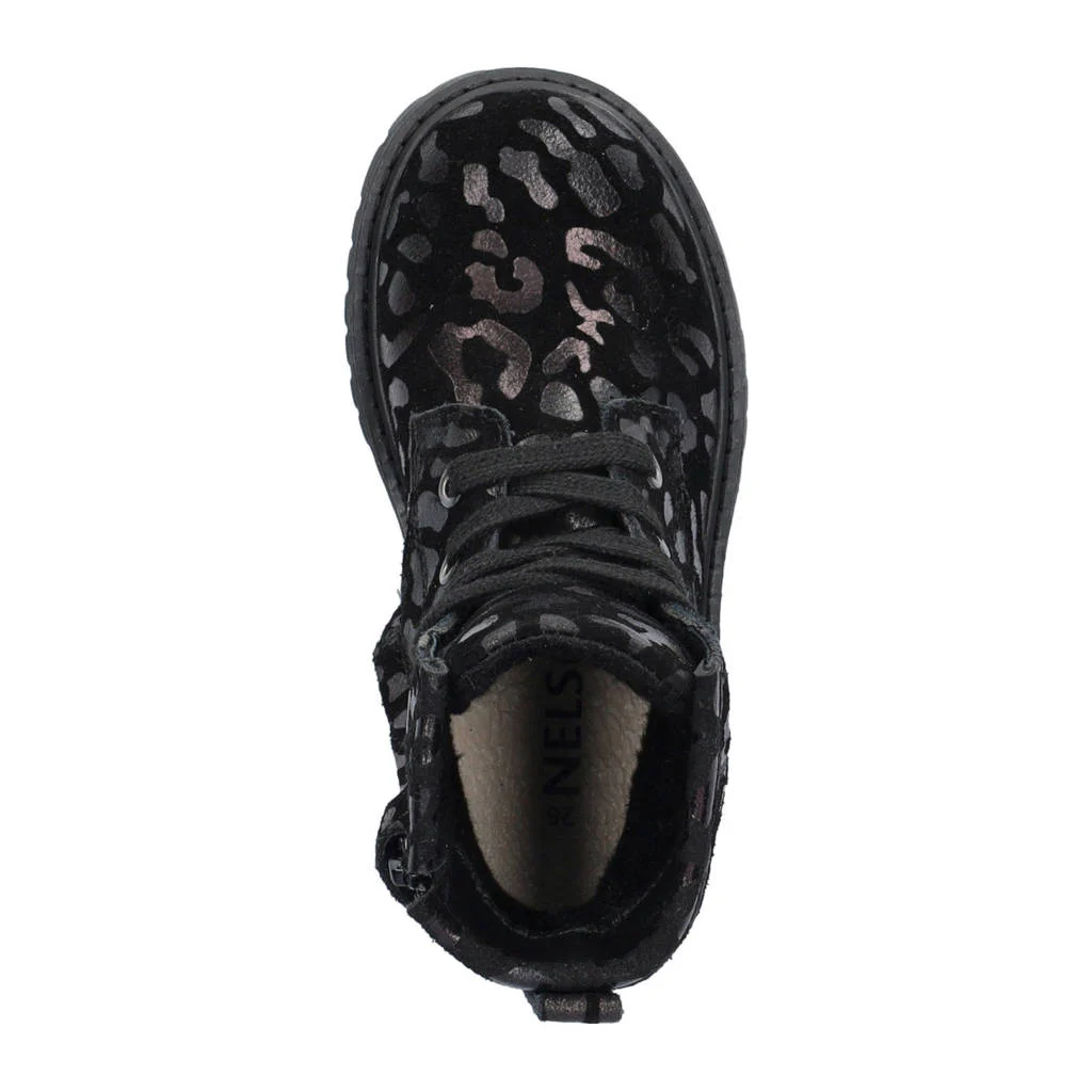 Nelson Kids suède veterboots met panterprint zwart