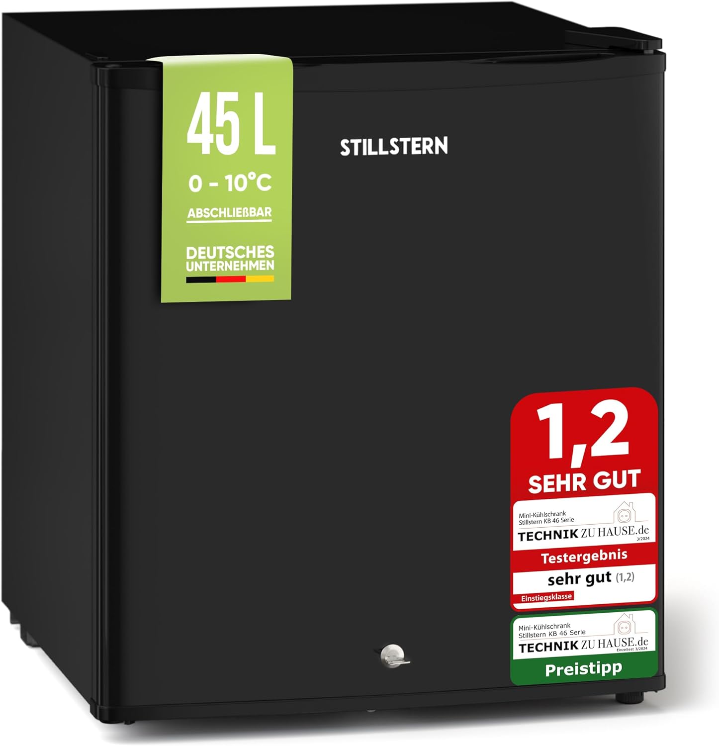 Stillstern Mini Kühlschrank E 45L mit Abtauautomatik, Schloss, Frostfach, Leise, Ideal für Küche, Büro, Schlafzimmer, Hotels und kleine Wohnungen Kühlschrank klein Minibar R600A Getränkekühlschrank
