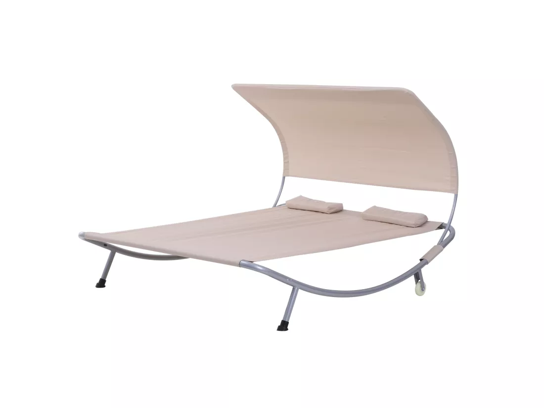 Bain de soleil 2 places lit de jardin design contemporain toit réglable 2 roulettes 2 oreillers acier époxy polyester sable