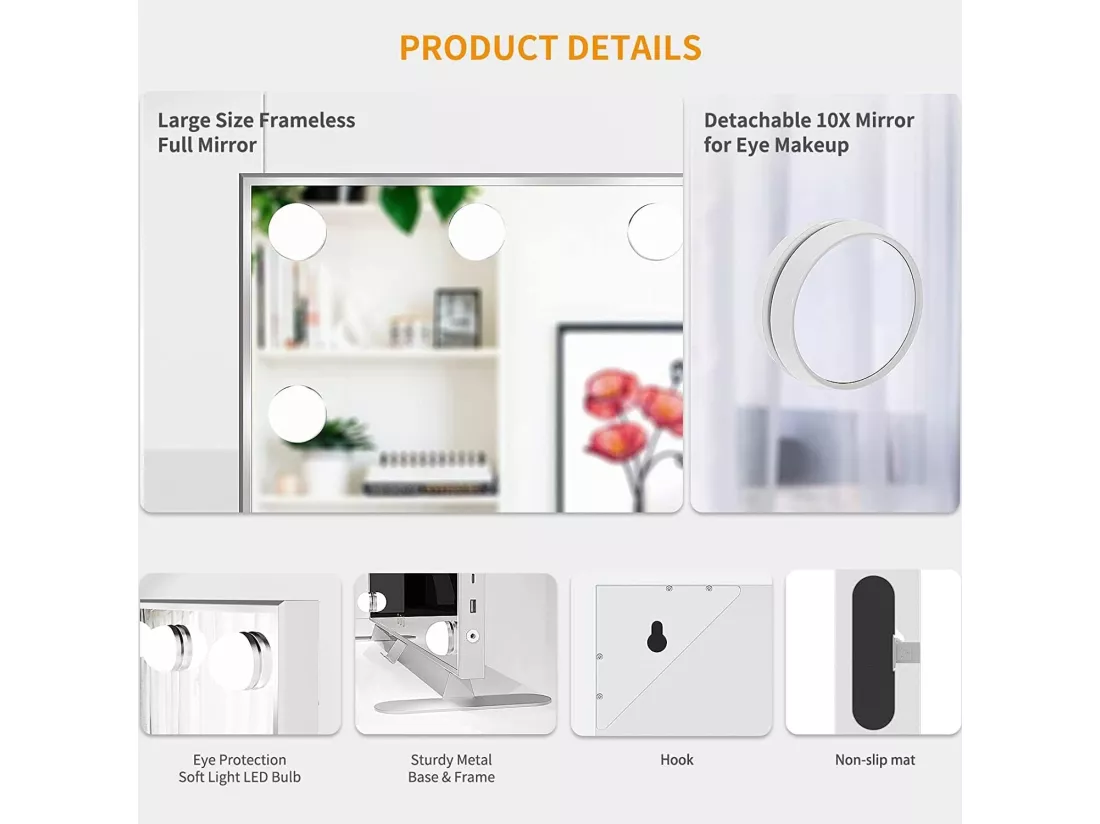 Miroir Maquillage Hollywood 60 x 53cm avec Lumière 14 Ampoules,Miroir Maquillage LED 3 Modes Réglables Contrôle Tactile Connecté USB