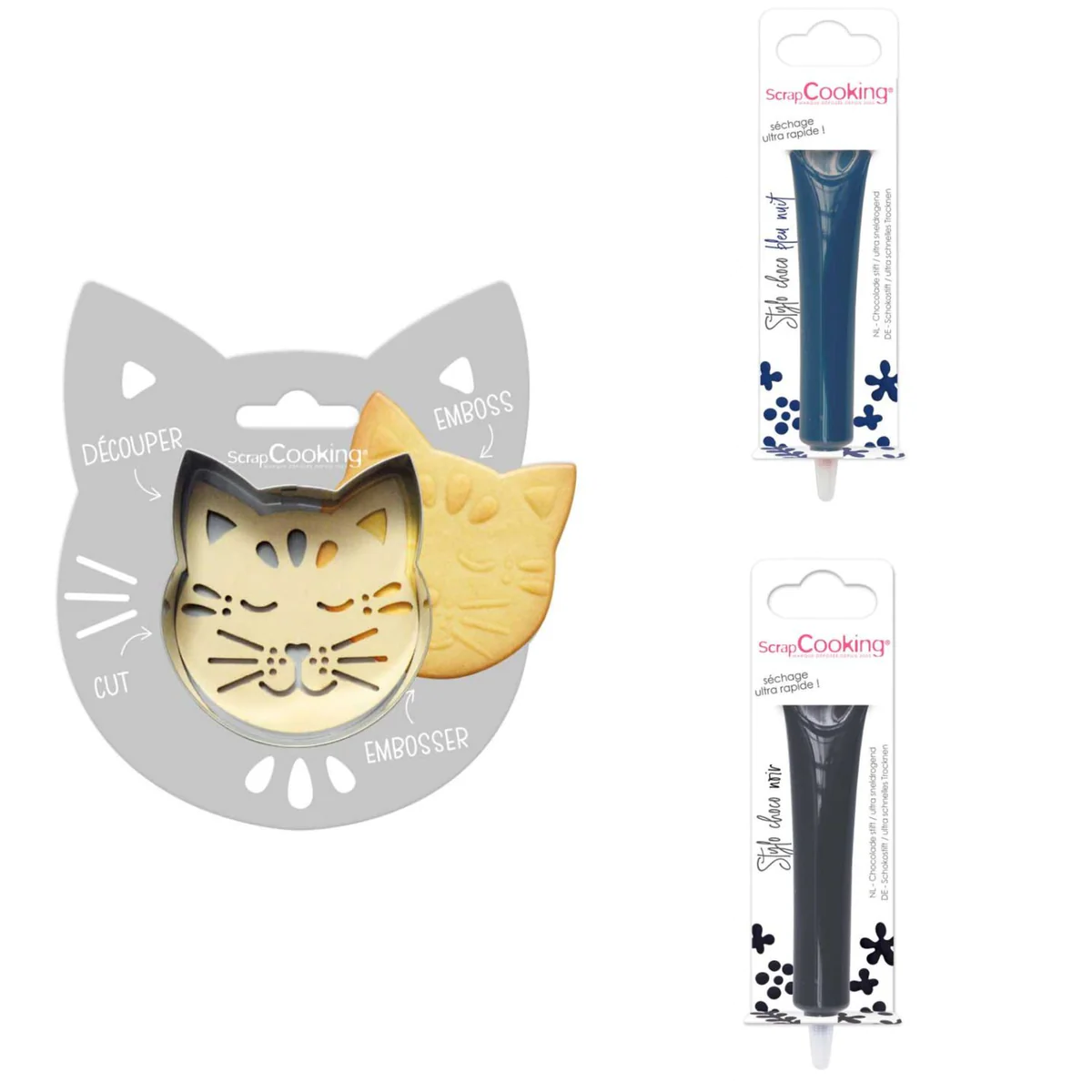 Kit pour biscuit en relief Chat + 2 Stylos au chocolat bleu nuit et no