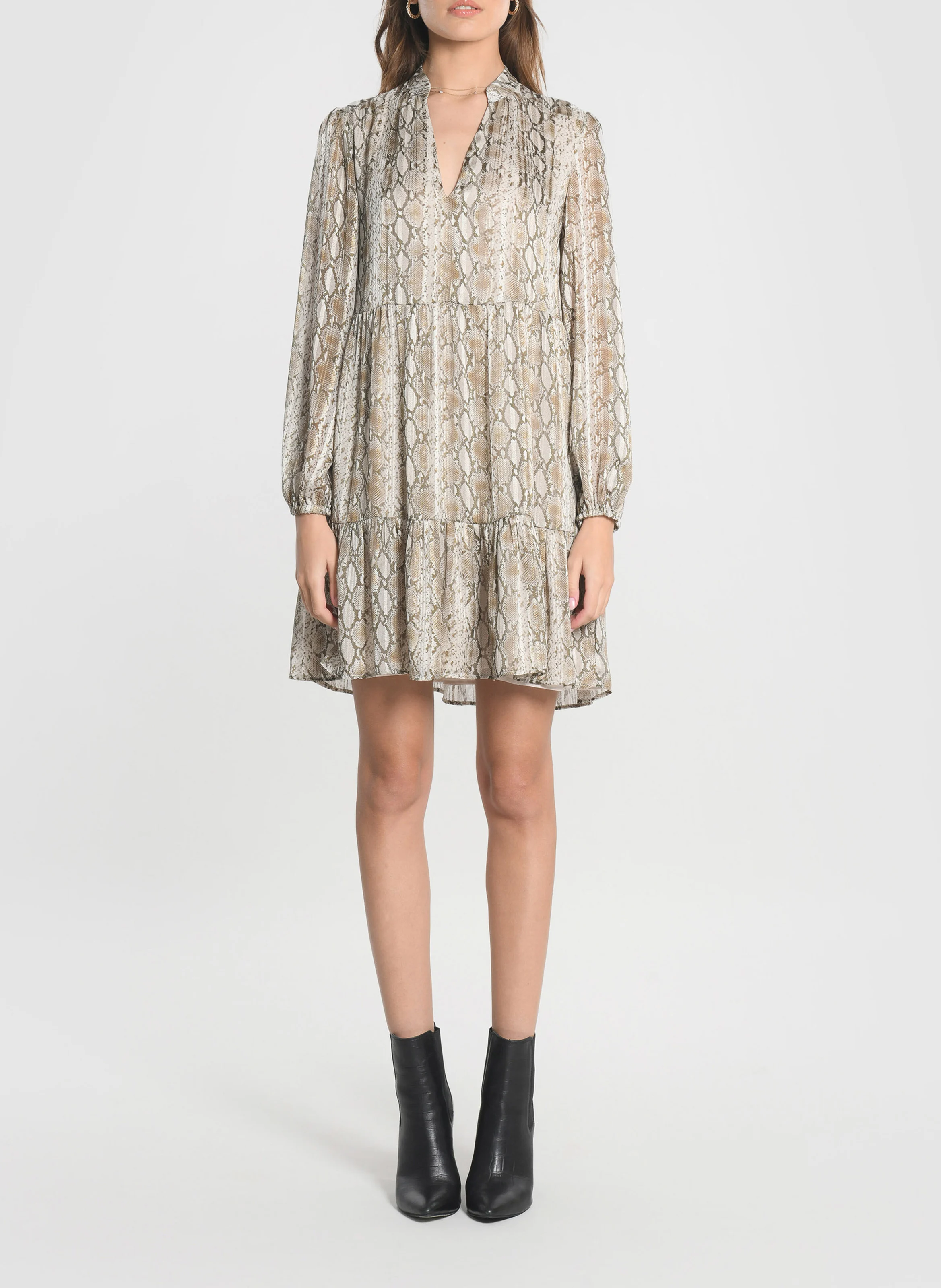 HENNA - Robe courte col V imprimée | Beige