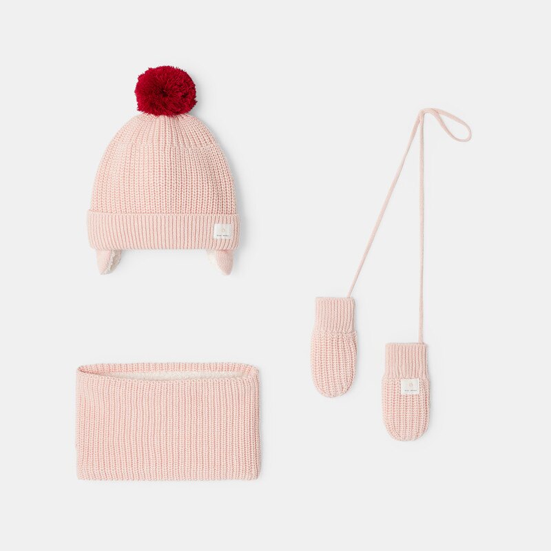 Ensemble bonnet, tour de cou et moufles en tricot fourré roses mixte Absorba Rose