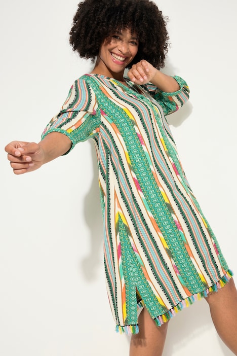 Kleid, kurze A-Line, Musterstreifen, Knopfleiste, 3/4-Ärmel