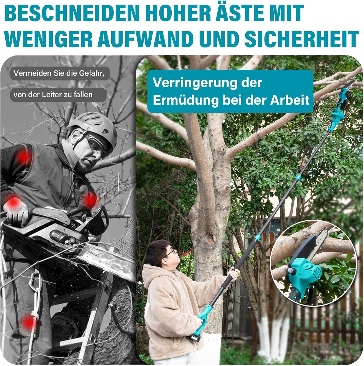 2-in-1 Teleskop Kettensäge STANEW, bürstenlose Mini-Kettensäge, mit 2 x 4000mAh Akkus, 6 Zoll, max.Arbeitshöhe 4,55 M, Multi-Winkelverstellung von 0-120°,mit LCD-Display