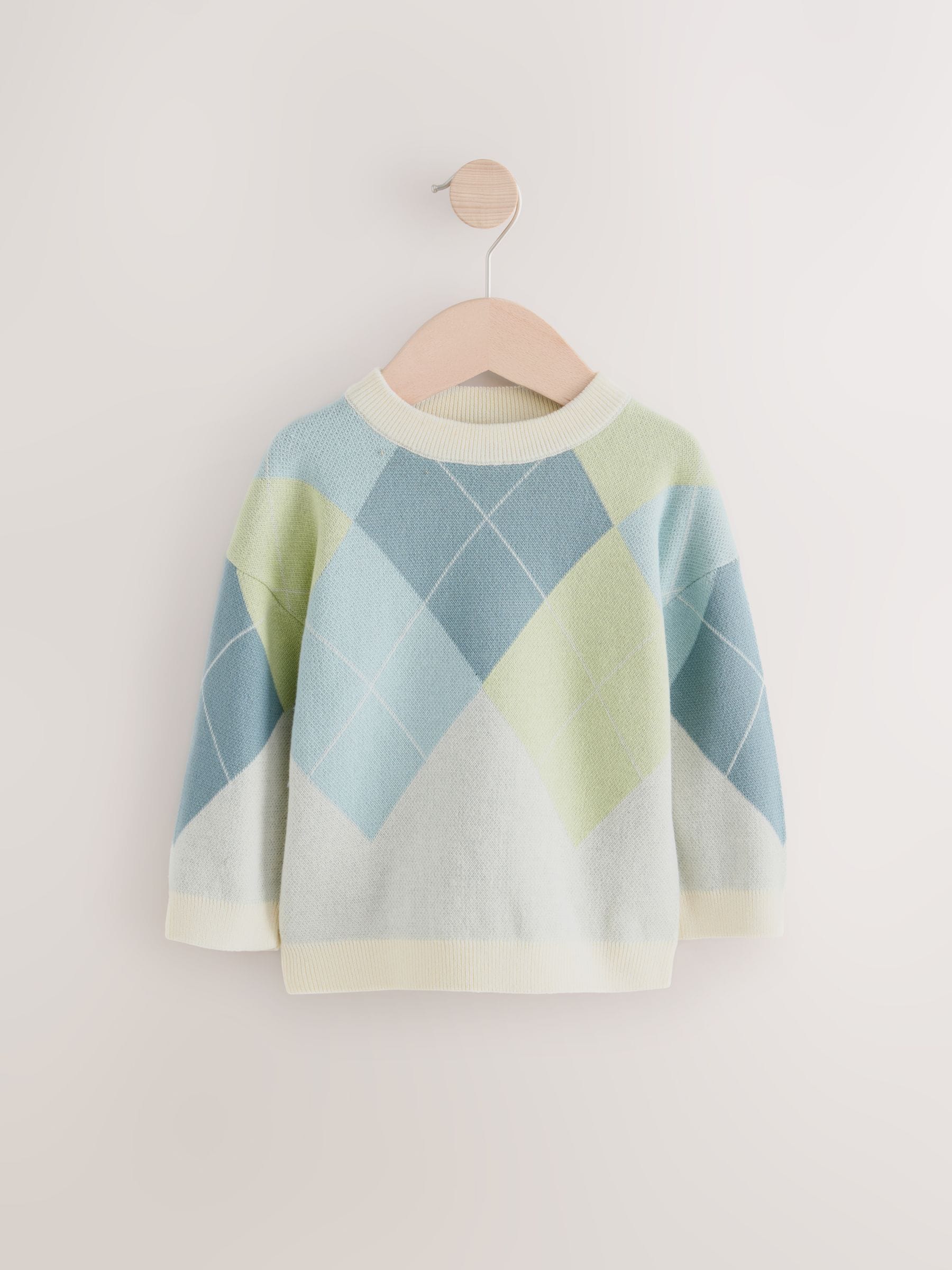 Groen/blauw argyle - Gebreide katoenen trui met ronde hals (3mnd -7jr)
