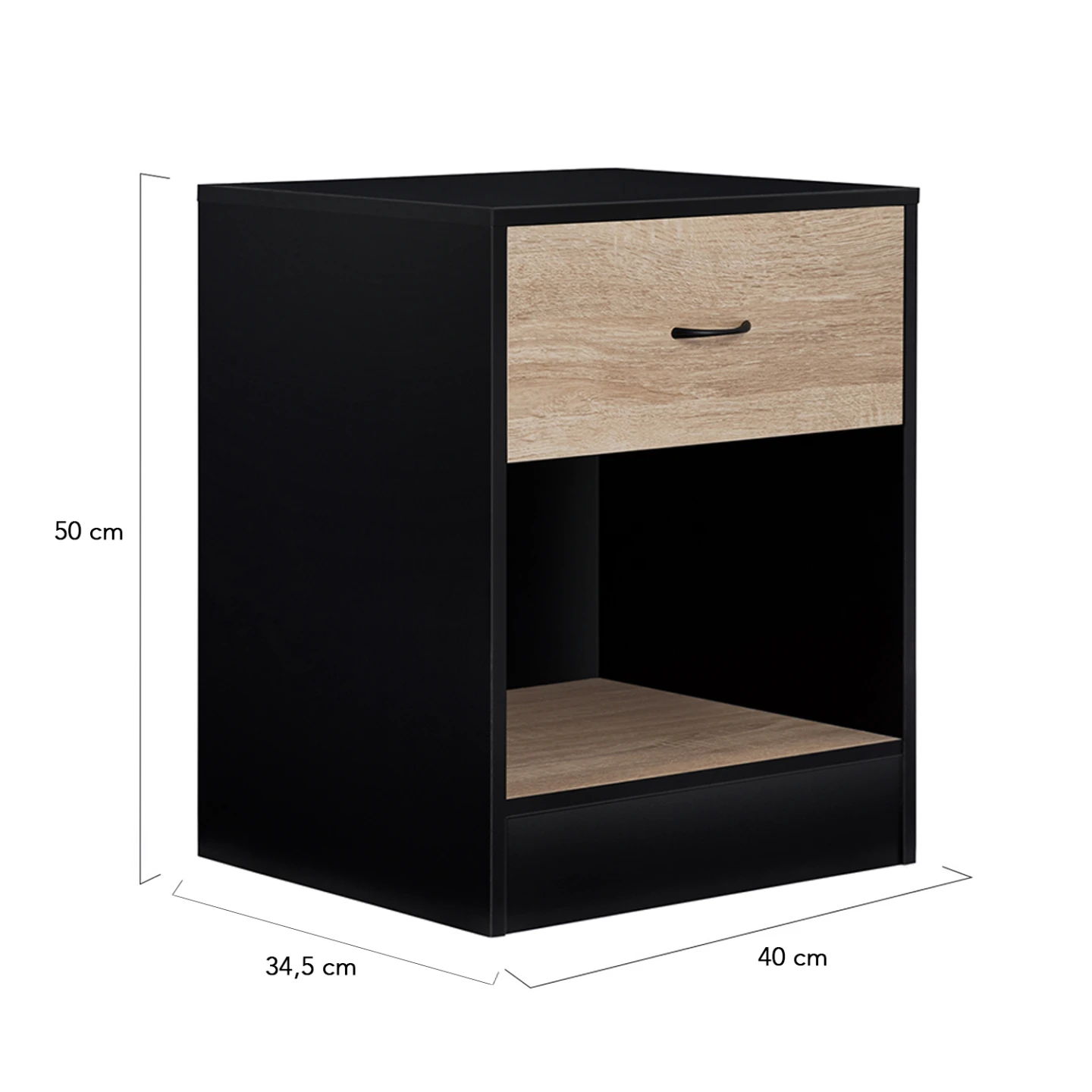 Lot de 2 tables de chevet OLGA 1 tiroir avec niche bois noir et tiroir façon hêtre