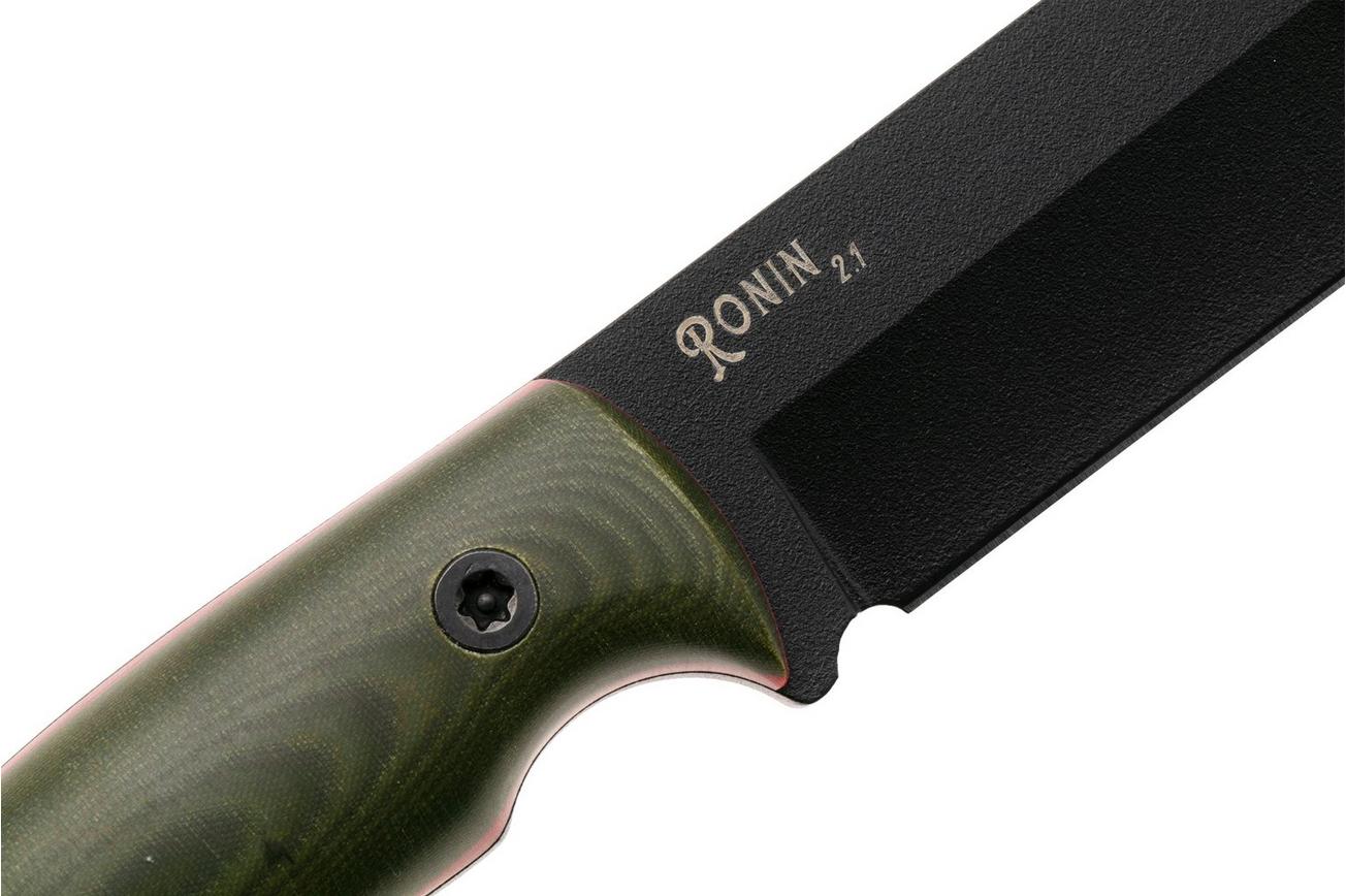 Doble O Knives Ronin 2.1 Forest Warrior R02101, Black Cerakote Sleipner, Green Micarta, Red G10 liner, vaststaand mes, Ovidio Calvet design