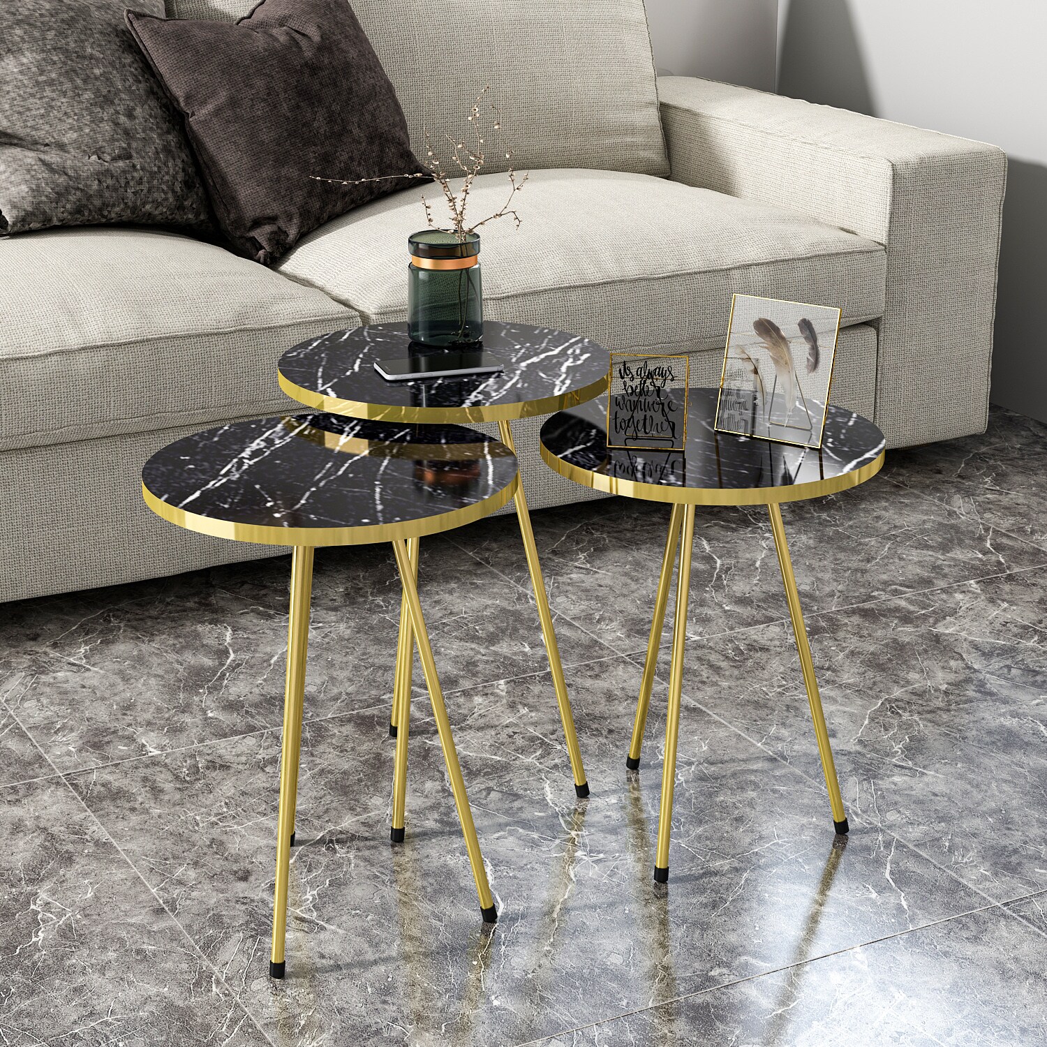 Beistelltisch 3er Set Marmoroptik Schwarz 21756153