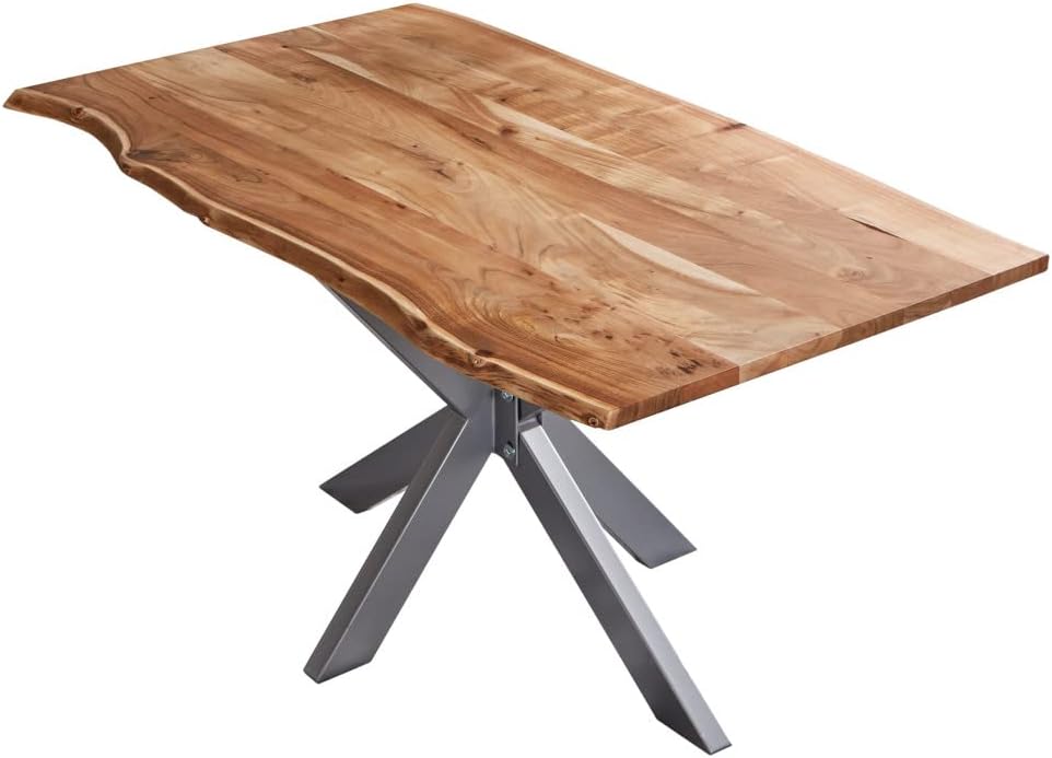 SAM Esstisch 160x85cm Benni, Akazienholz massiv + naturfarben, echte Baumkante, Baumkantentisch mit Spider-Metallgestell Silber, Esszimmertisch mit Tischplatte 26mm