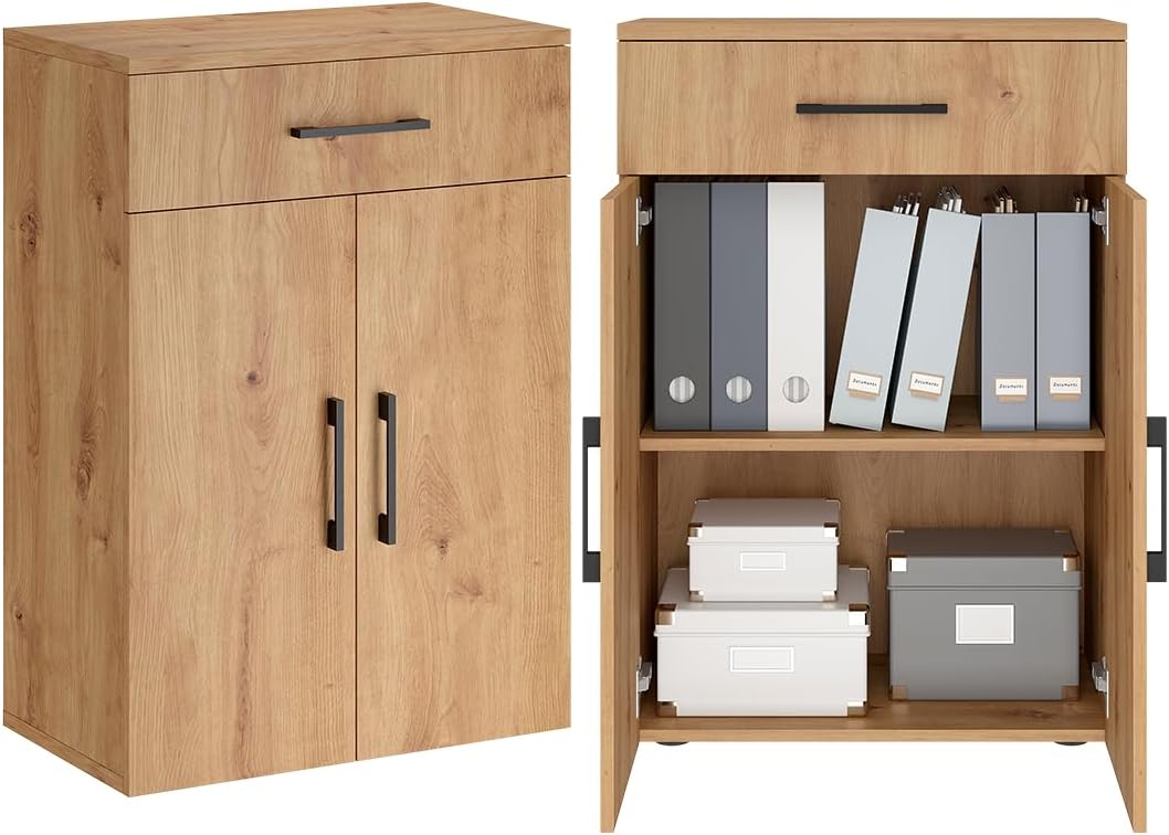 Bellamio Apol Mehrzweckschrank Eichenoptik – Büroschrank 60 cm breit – Aktenschrank aus Holz mit 1 Schublade & 2 Fächern – Bücherregal für Flur/Büro/Wohnzimmer – Aufbewahrungsschrank 88 cm hoch