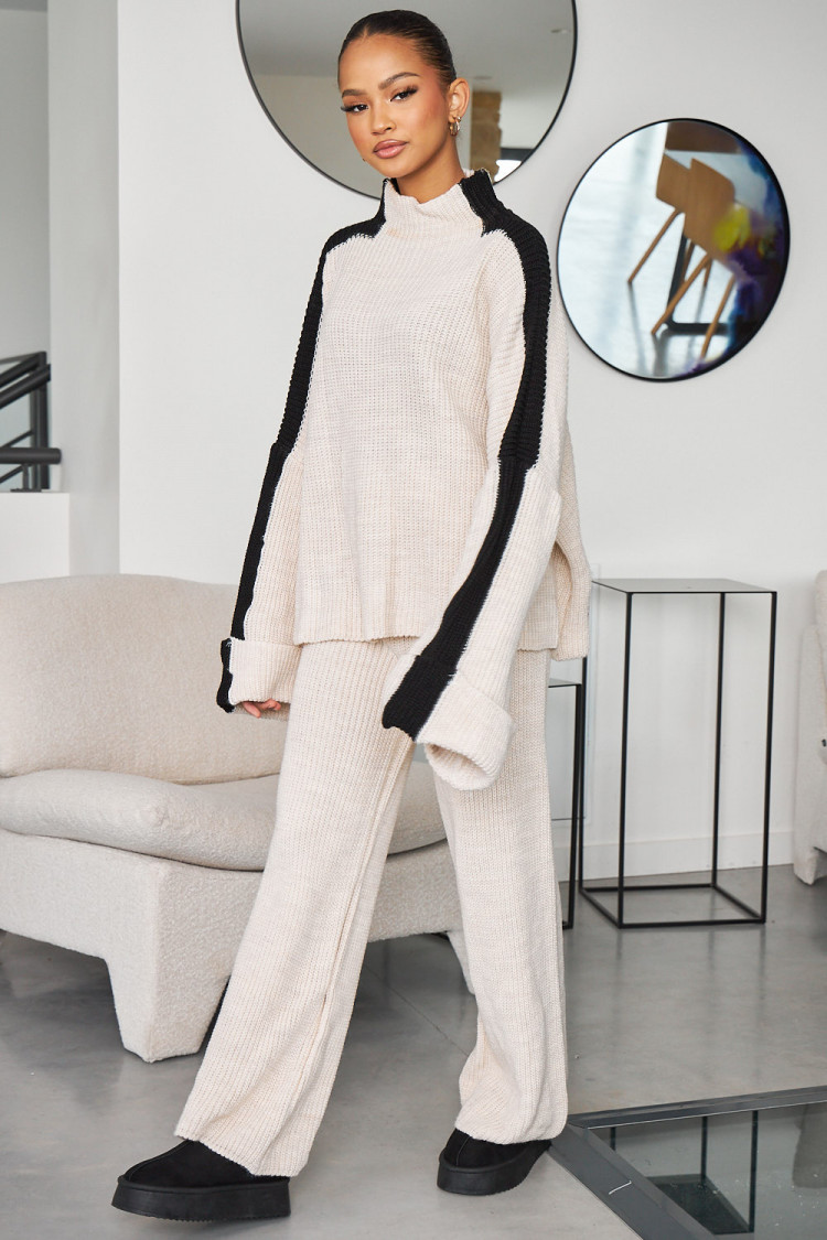 Ensemble 2 pièces pull + pantalon en maille beige/noir