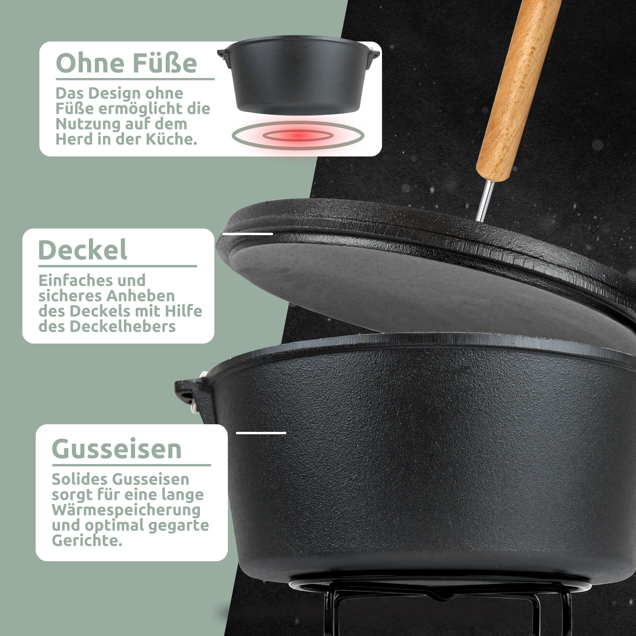 holz4home® Dutch Oven ohne Füße I eingebrannter Feuertopf aus Gusseisen I inkl. Deckelheber, Topfständer und Reinigungsbürste | 9 Liter