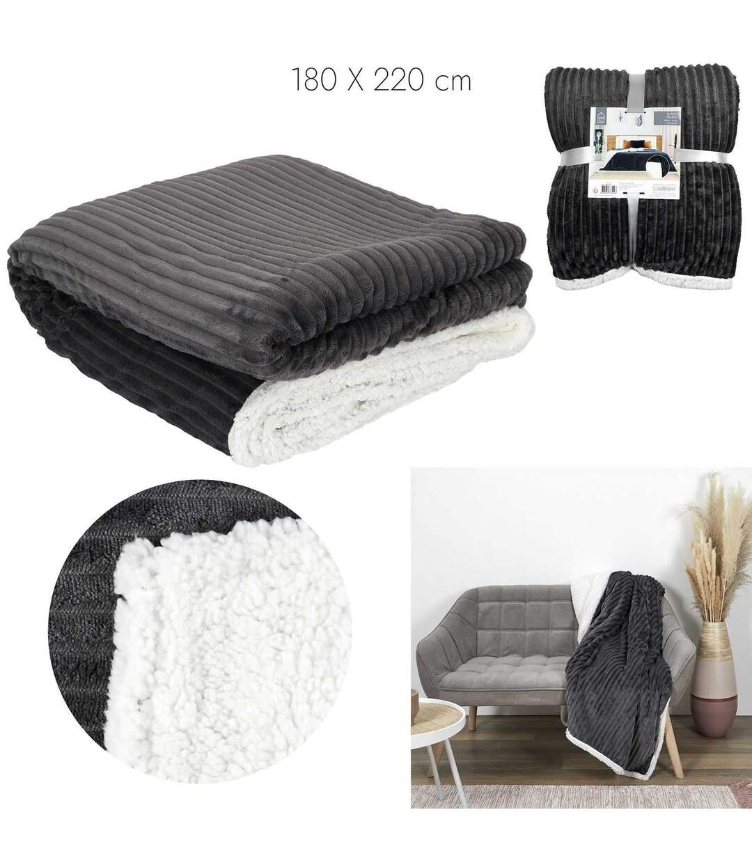 Plaid flanelle côtelé - 180x220cm - Gris