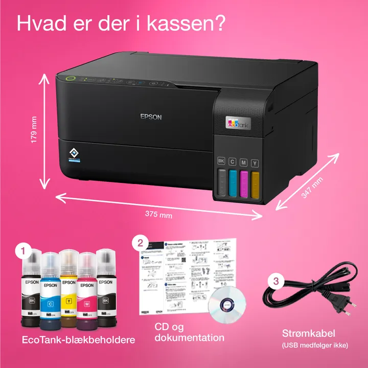 Epson EcoTank ET-2830 - Multifunktionsprinter - farve - blækprinter - ITS - A4 (medie) - op til 15 spm (udskriver) - 100 ark - Wi-Fi, USB - sort