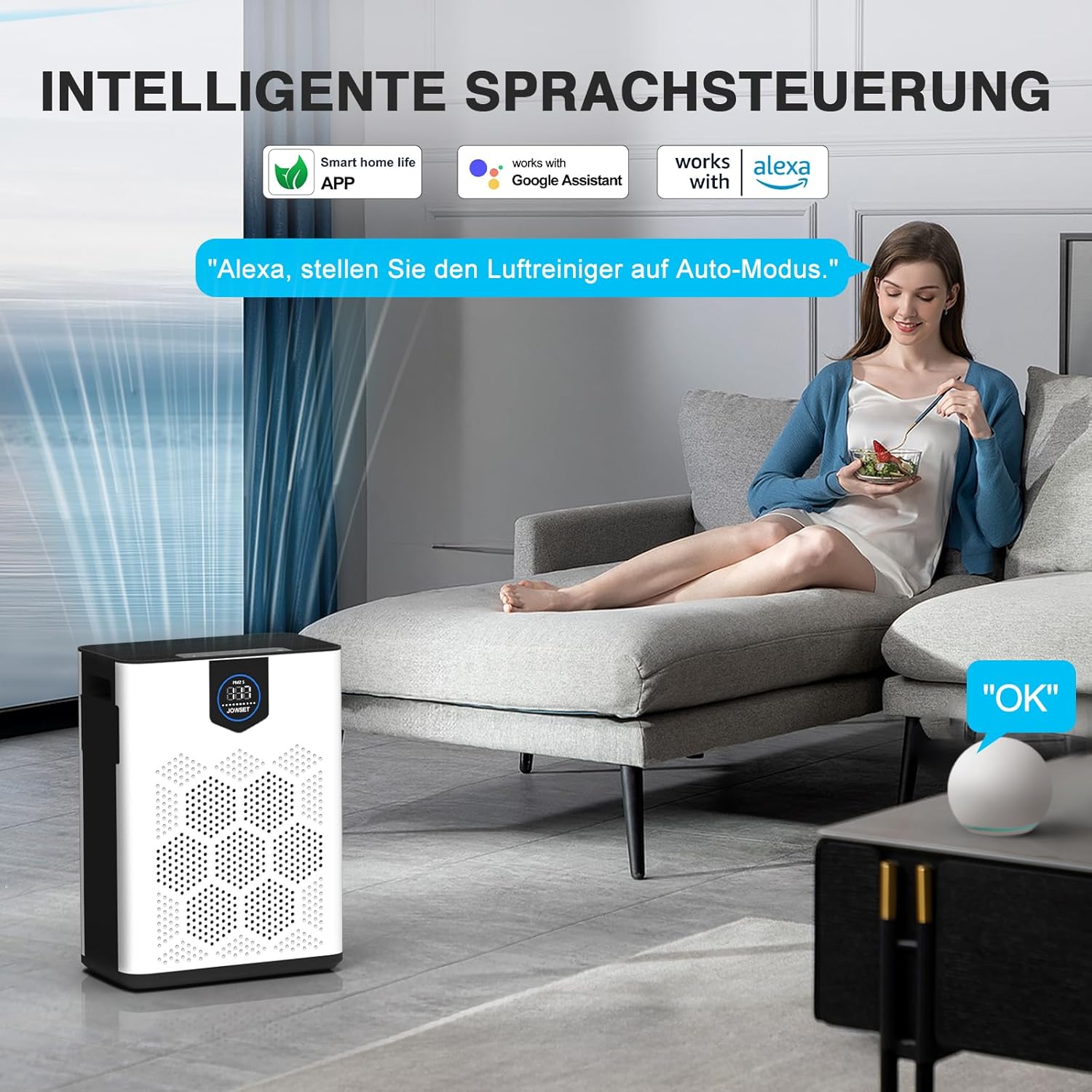 Luftreiniger für Allergiker, Wohnung und Raucherzimmer, mit 2 × HEPA 14-Filtern gegen Tierhaare, Schimmel, Staub, Pollen & Gerüche, CADR 350 m³/h für 120 ㎡, App-Steuerung, Timer, leise 22 dB