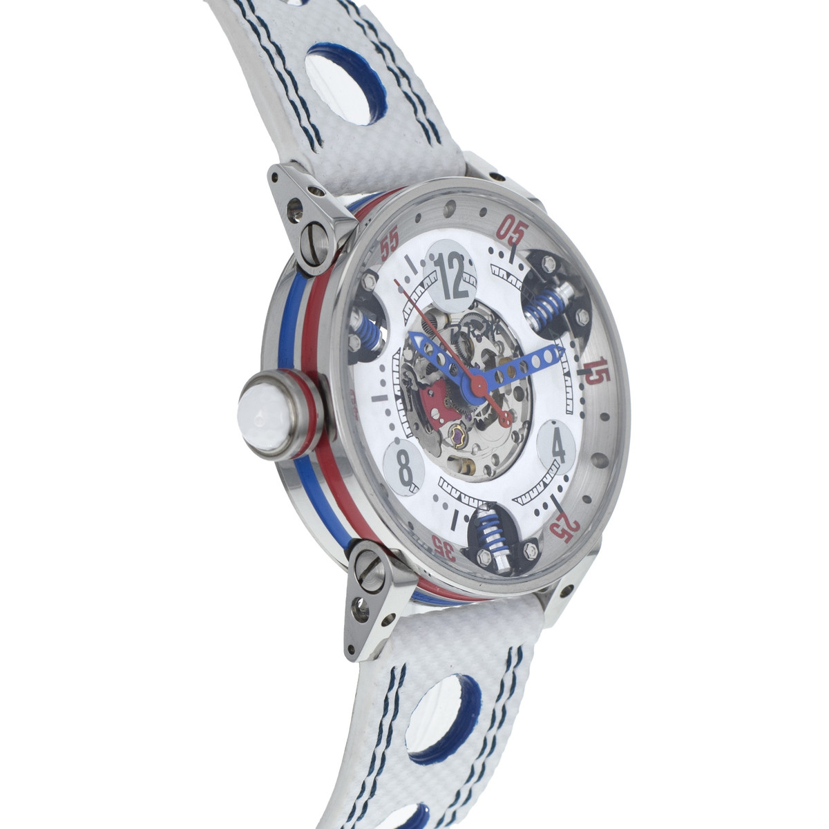 Montre d'occasion BRM GF7-38 homme automatique acier bracelet cuir blanc