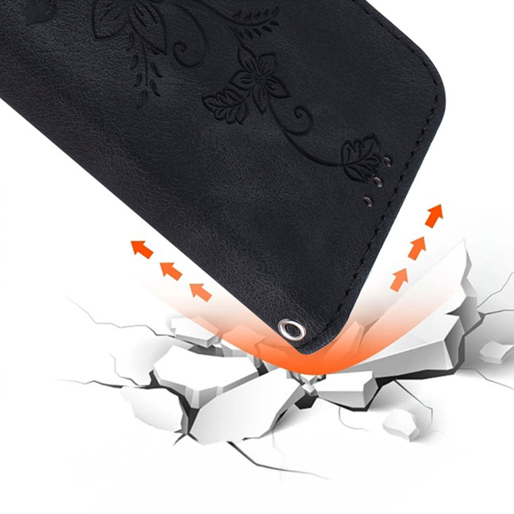 Samsung Galaxy S25  Plus Leder Tasche Wallet - Blumen Imprint - Schwarz