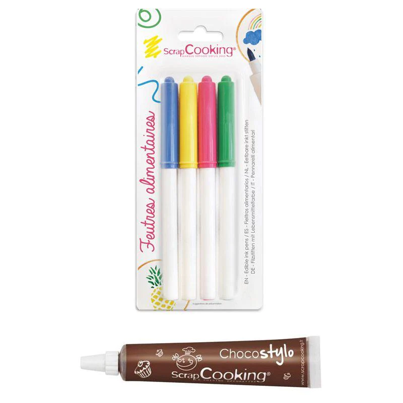 4 feutres alimentaires jaune, vert, rose, bleu + 1 Stylo chocolat Scra