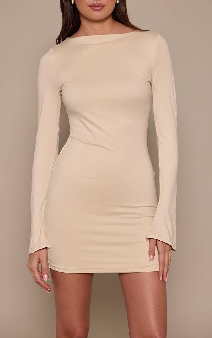 Crème Robe Moulante À Manches Longues En Jersey Doux Au Toucher