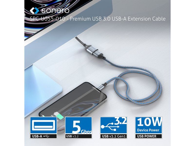 sonero USB 3.0-Verlängerungskabel USB A - USB A 3 m USB 3.0 Kabel – A/A Verlängerung – aluminium – space grey/schwarz - 0.50m