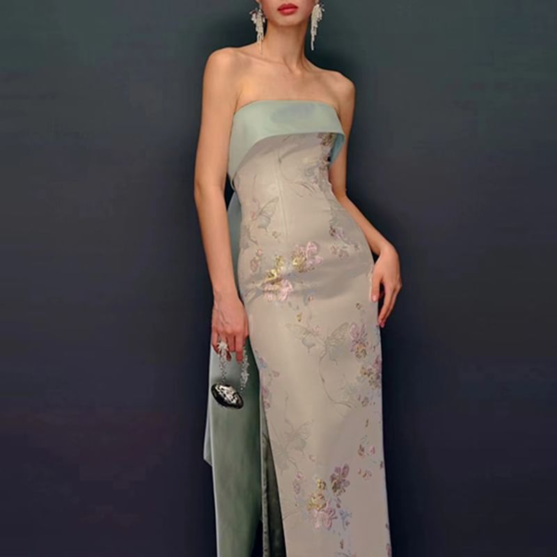 Fioridi - Strapless avondjurk met bloemenprint, strik op de rug en split