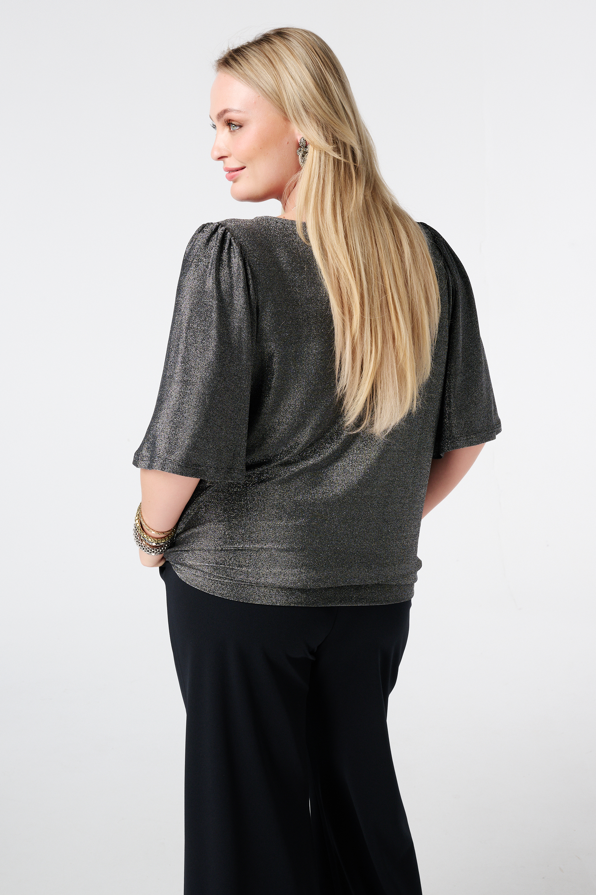 Top met flared mouwen en lurex silver