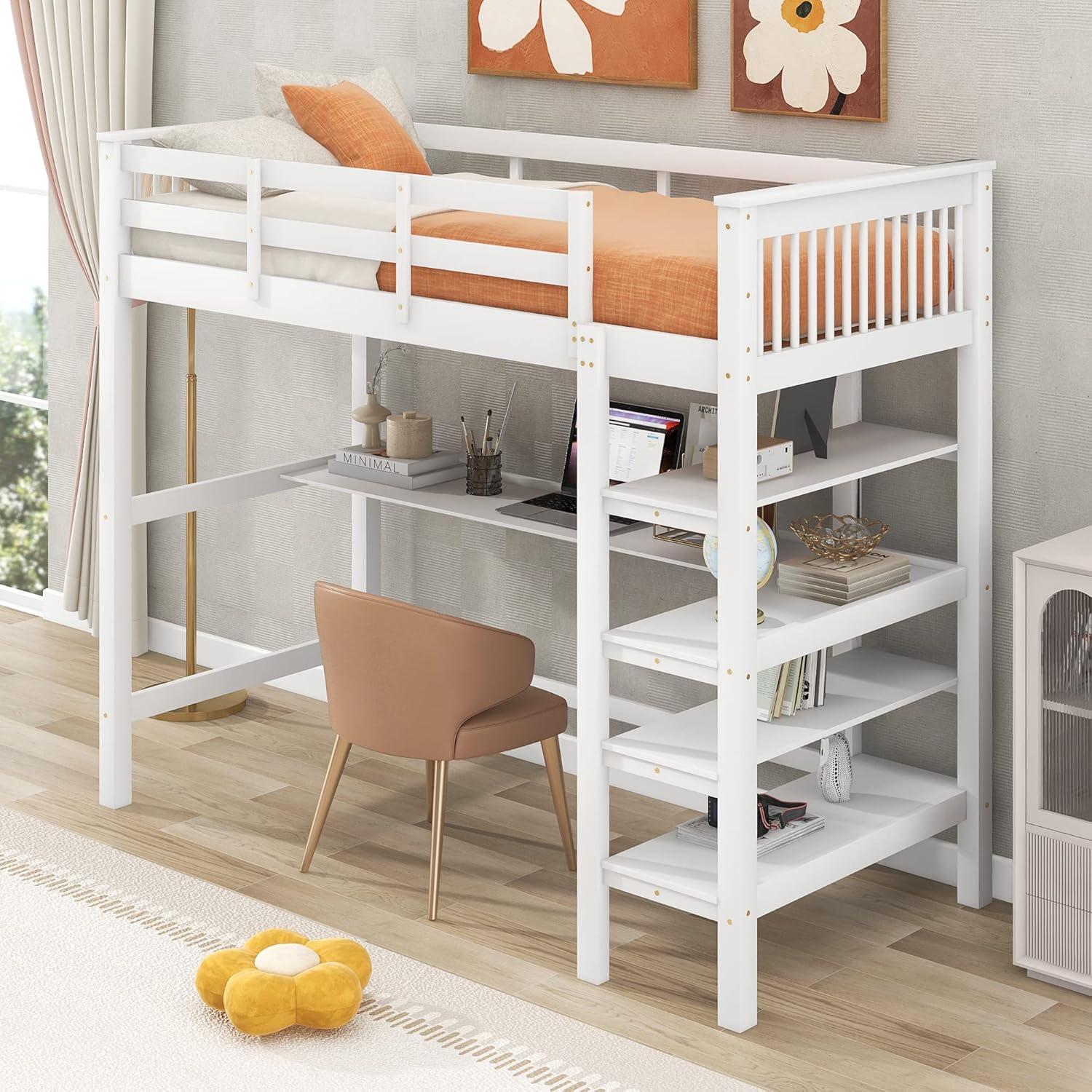 Hochbett mit Lattenrost, Leiter, Schreibtisch und Regalen, 90x200 cm, Einzelbett mit Rausfallschutz, Holzbett aus Kiefer, Kinderbett, Jugendbett (weiß)
