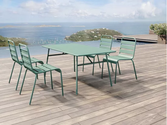 Salle à manger de jardin en métal - une table L.160 cm et 4 chaises empilables - Vert amande - MIRMANDE de MYLIA