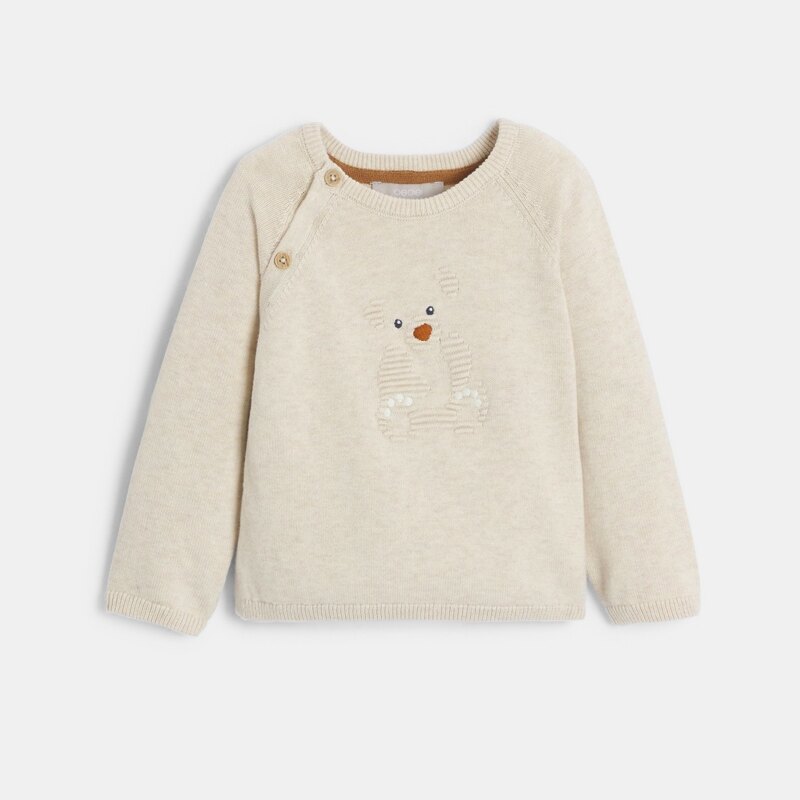 Pull maille tricot ours et pantalon maille marron bébé garçon Beige