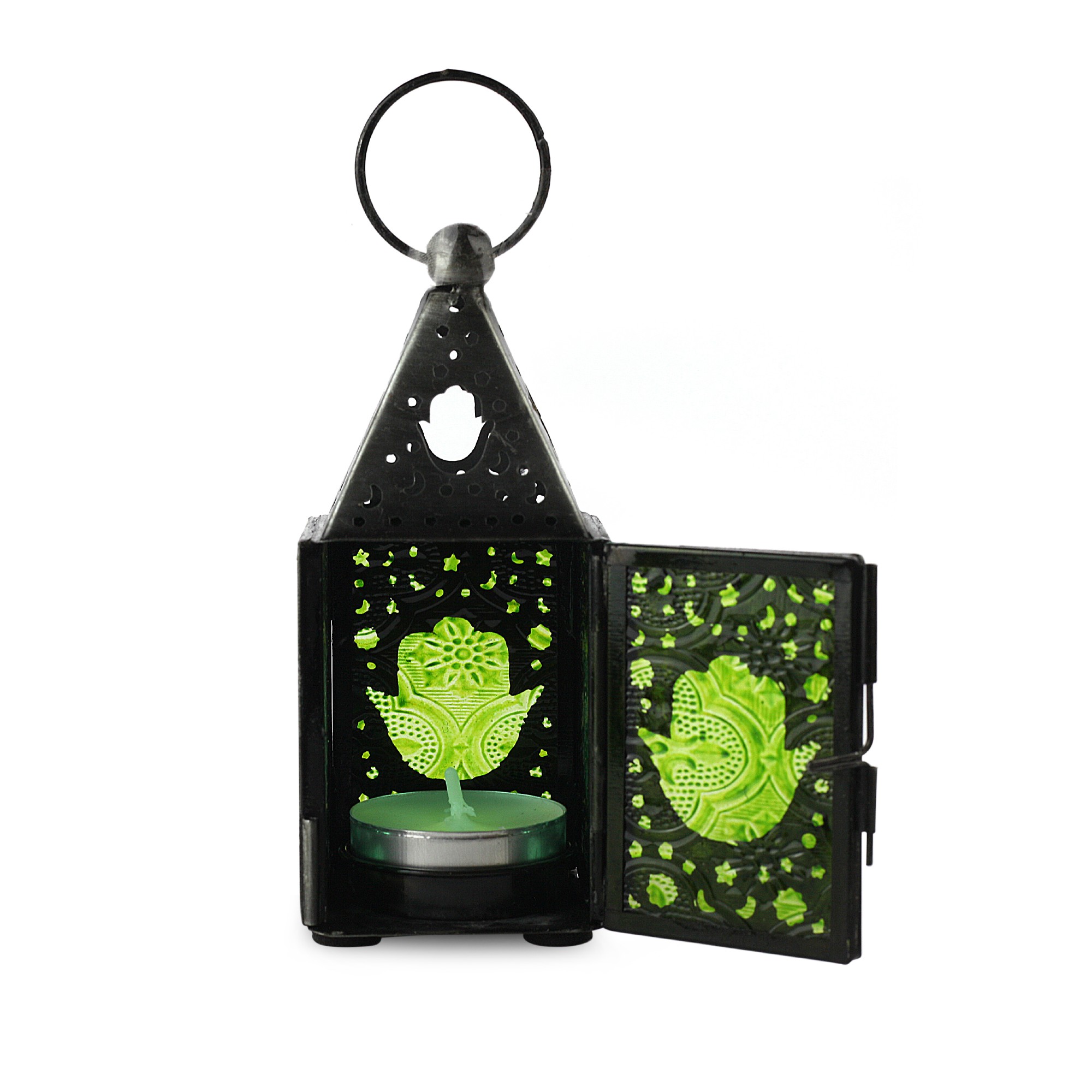 Laterne 'Green Hamsa', grün, T 5 cm, B 5 cm, H 13 cm von fischer's lagerhaus