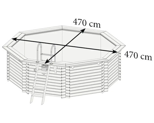 Opbouw houten zwembadset Karibu Classic 2C rond Ø 470x124 cm incl. ladder, bodembeschermvlies, zonnedek & 1 houten vleugel
