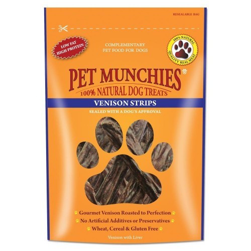 Petiscos naturais para cães em tiras, sabor carne de veado.