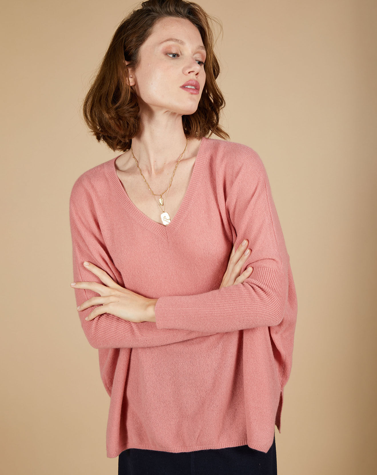 Cashmere Tribu Pull poncho 100% Cachemire Emma col V bois de rose