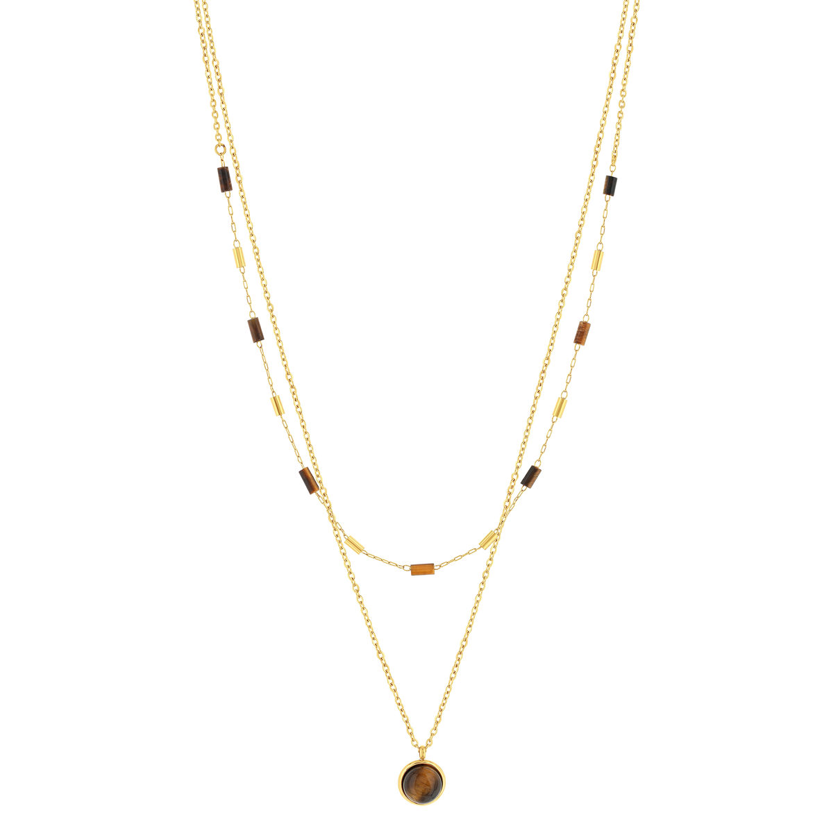 Collier acier doré 2 rangs pierres oeil de tigre 50 cm