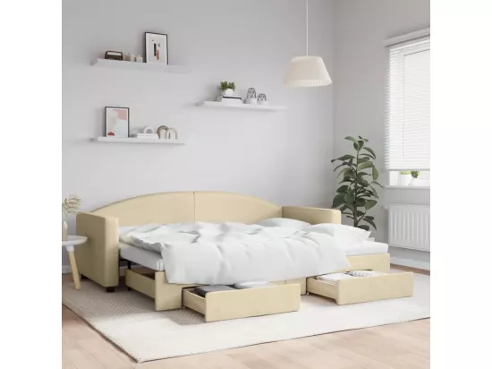 Lit de jour avec gigogne et tiroirs crème 80x200 cm tissu