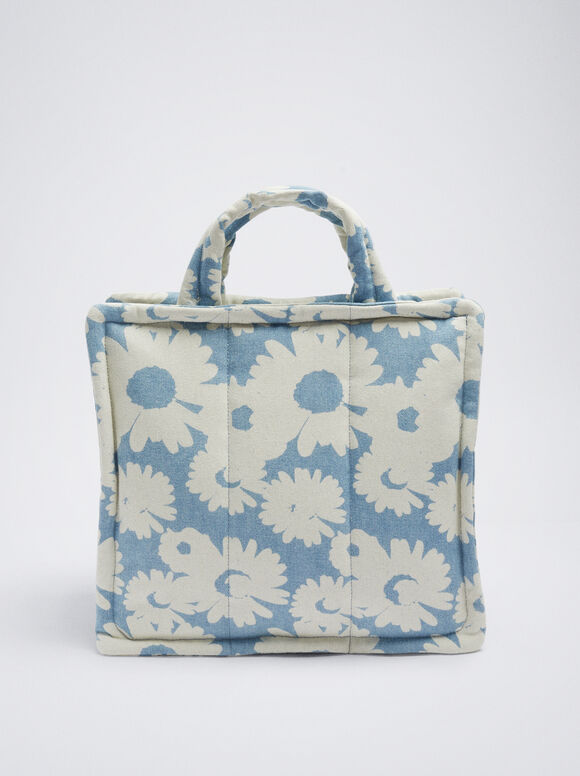 Bolsa de compras em jeans com estampa floral - Azul