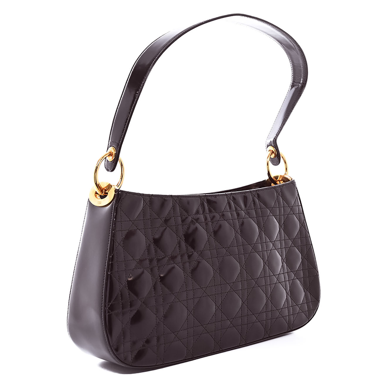 Dior Sac porté épaule Lady Vintage en Cuir verni Cannage marron - Très bon état - L.36 cm