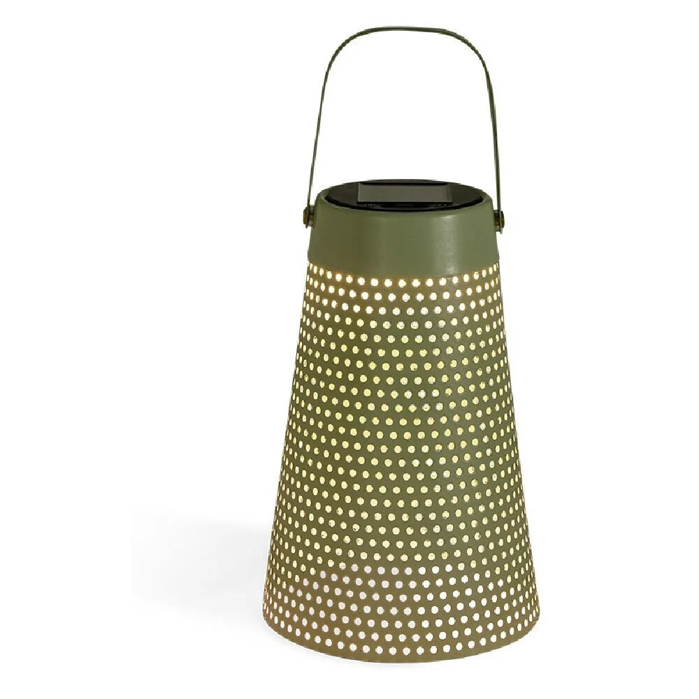Lampe nomade solaire métal perforé vert Ø12,8xH20cm