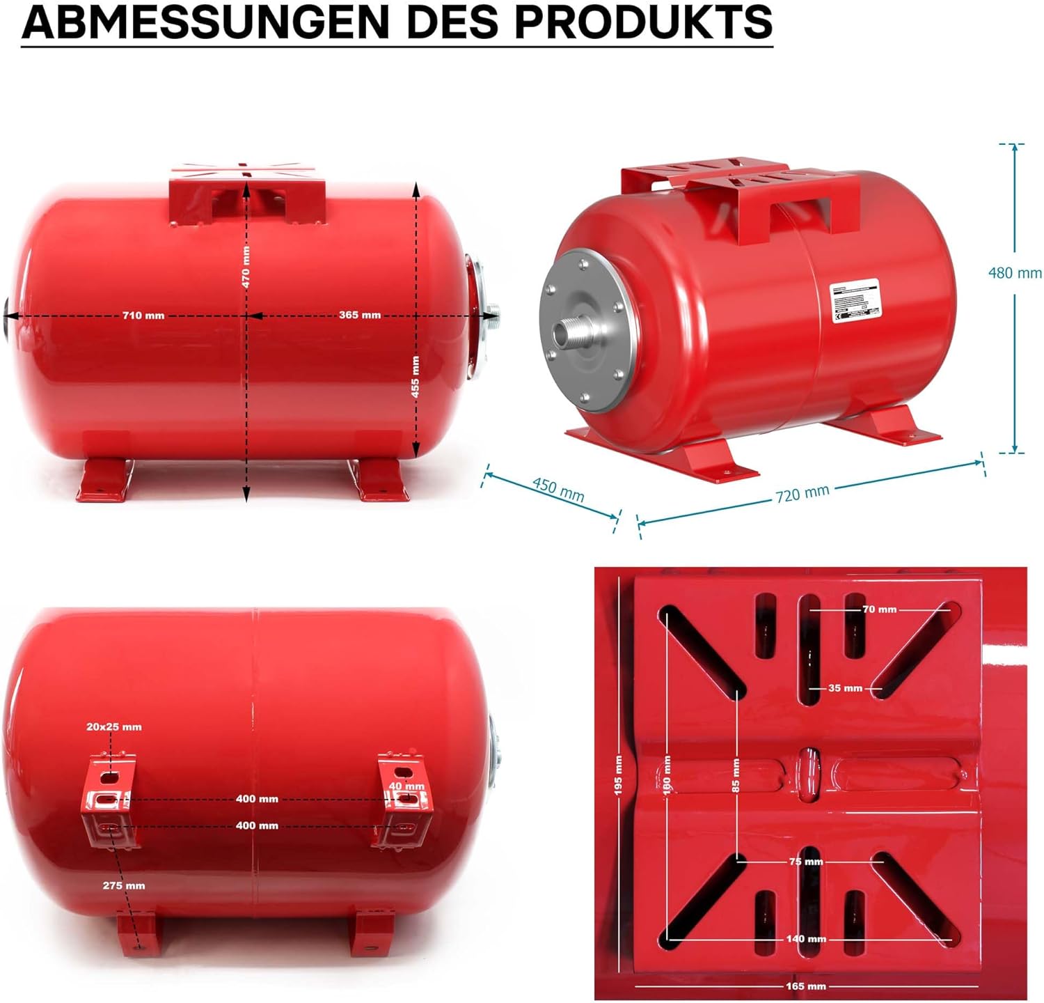 Wiltec Ausdehnungsgefäß 100 Liter, horizontaler Membrankessel für Hauswasserwerke und Druckerhöhungsanlagen mit EPDM Membran