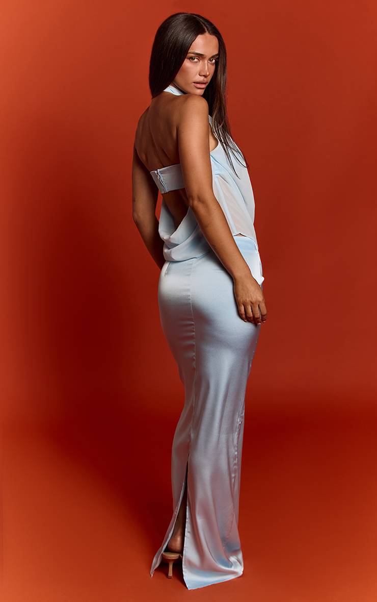 Aqua Blue Jupe Longue Satinée Taille Mi-haute Ensemble Coordonné