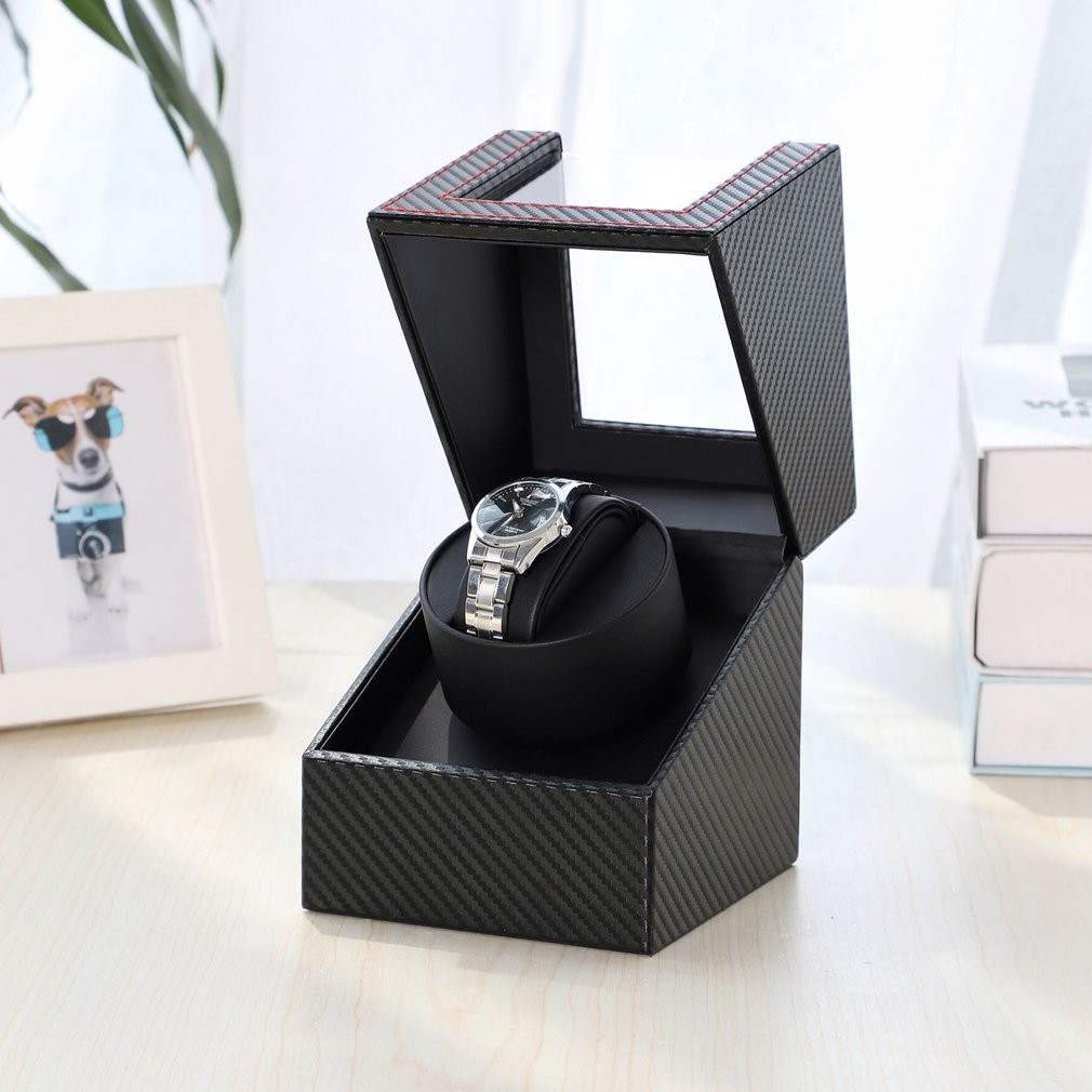 Automatische Leder Uhrenbeweger Box Rotierendes Uhren Gehäuse im Carbon Look - Schwarz