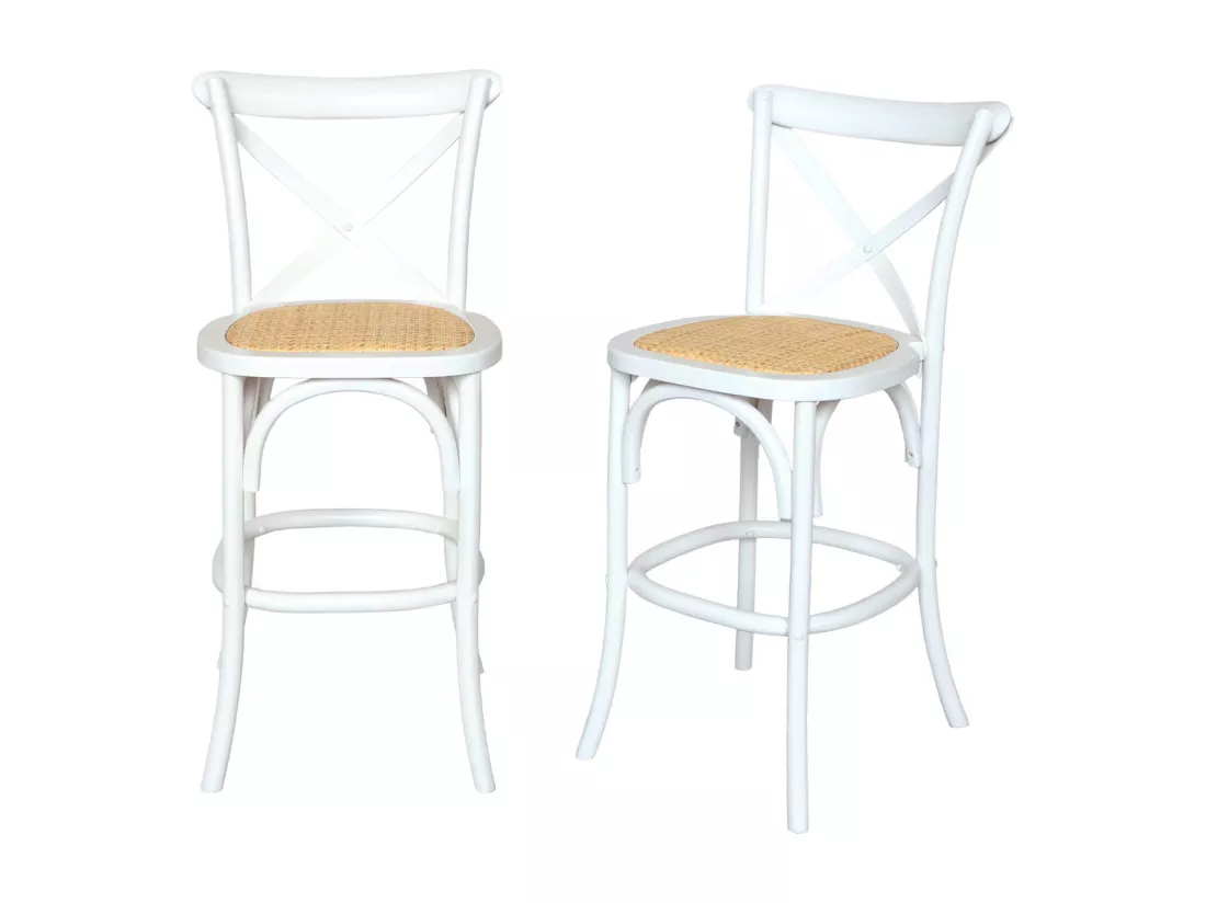 Lot de 2 tabourets de bar bistrot vintage en bois blanc avec repose-pieds