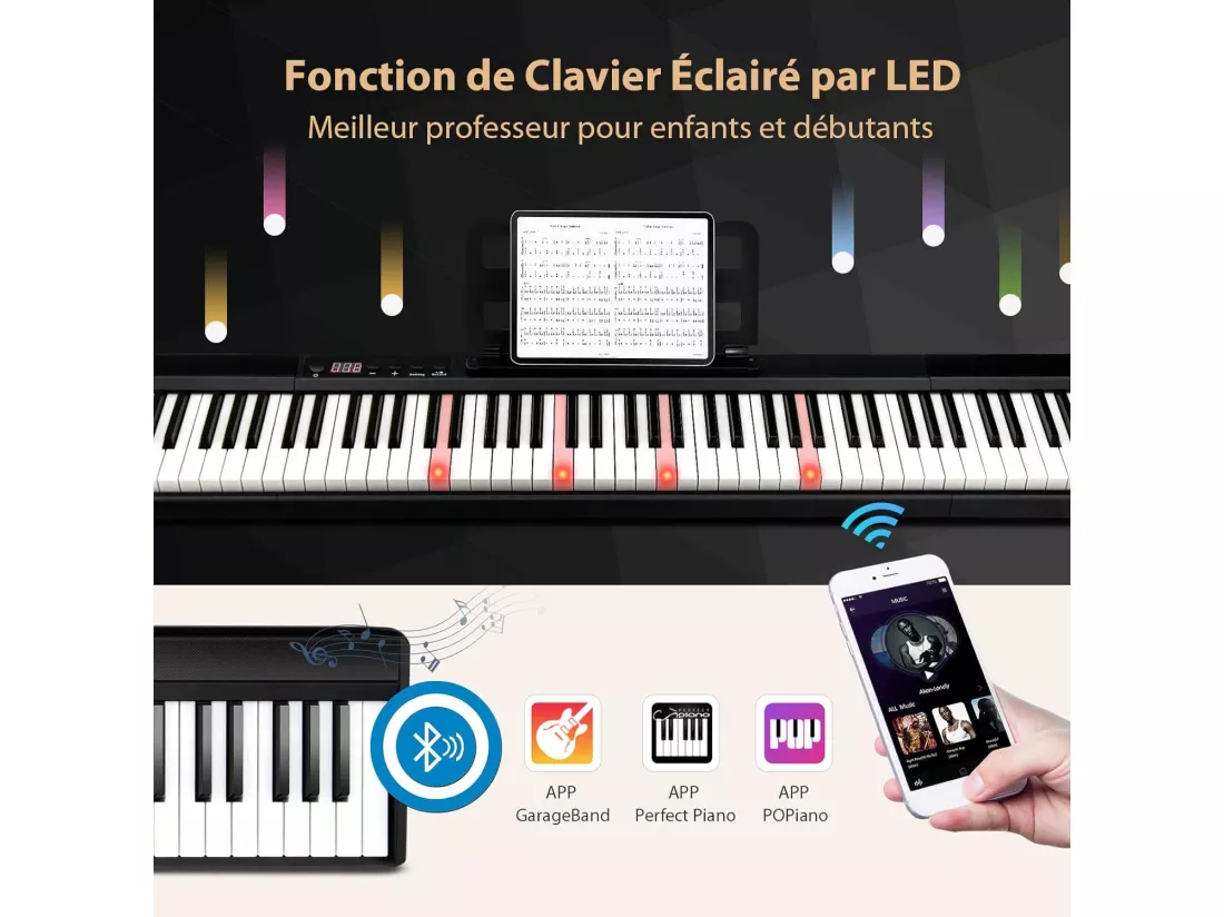 Clavier numérique piano 88 touches portable, semi-lourd avec sac de rangement pour enfants&adultes, noir