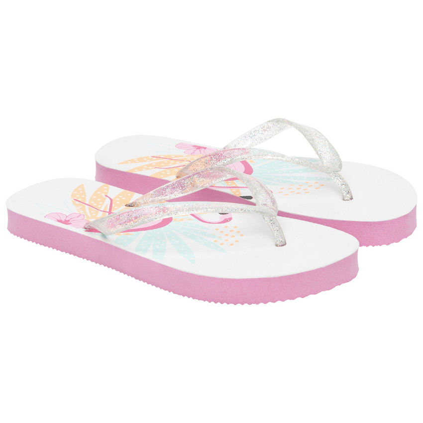 Tongs à bride pailletée print flamant rose pour fille avec lanière selon l'âge