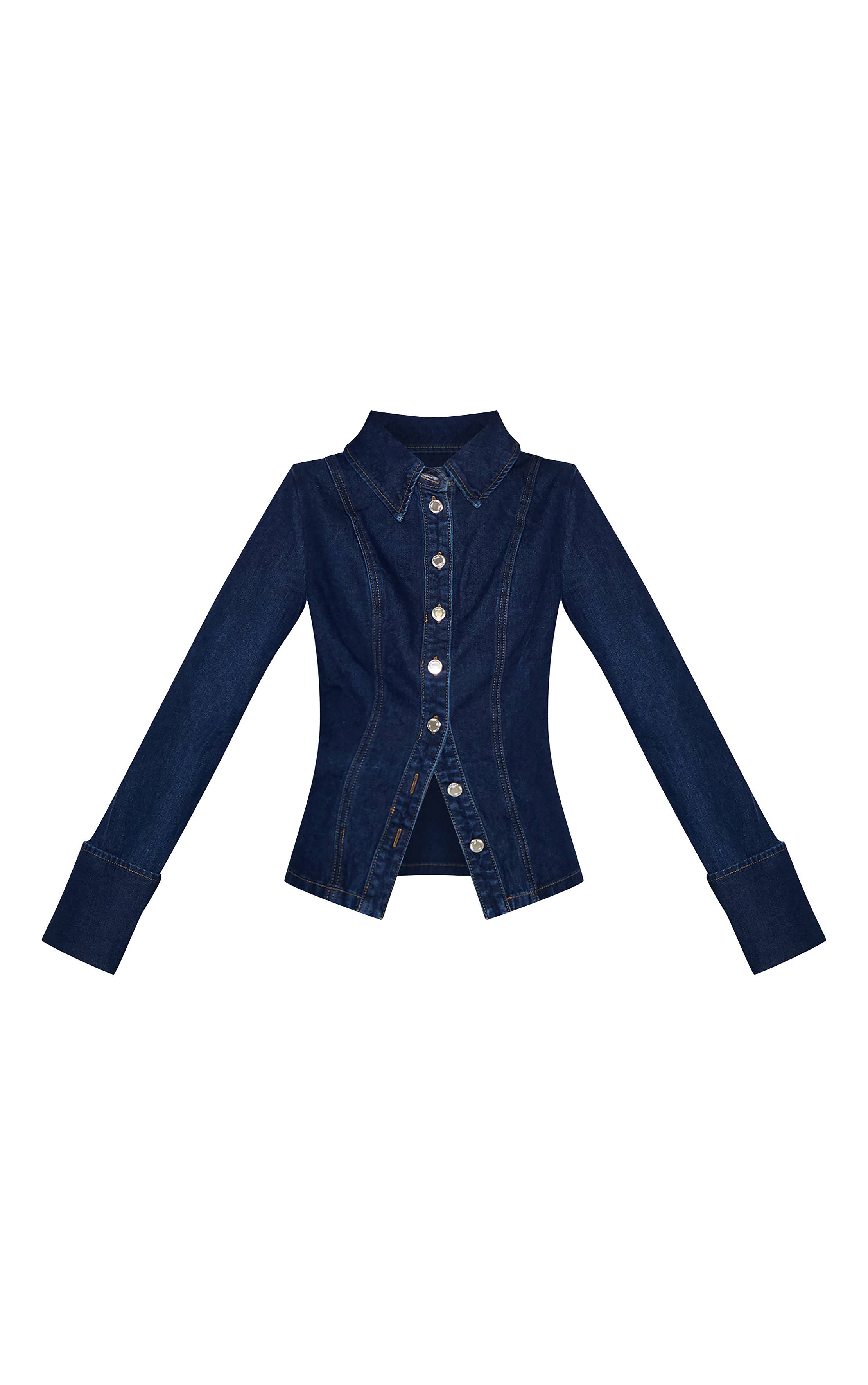 Bleu Indigo Chemise En Jean À Manches Longues Avec Taille Froncée