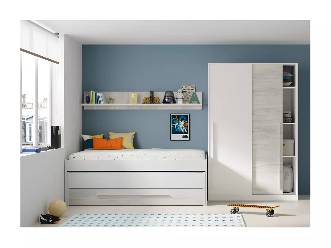 Lit et étagère aggloméré blanc sans sommiers et matelas 65x199x96cm