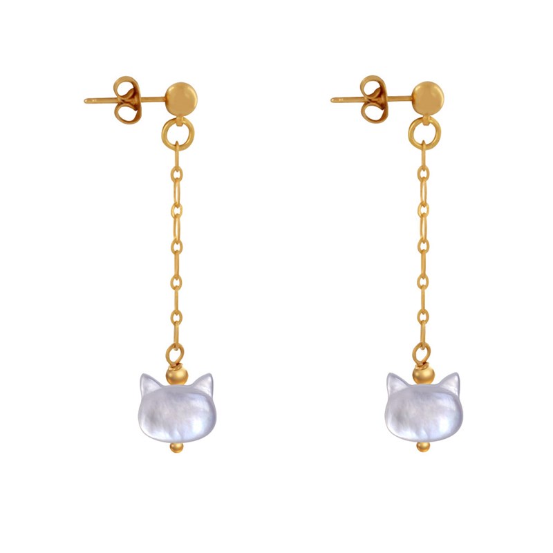 Boucles d'Oreilles Chainette Laiton Doré et Tête de Chat en Nacre