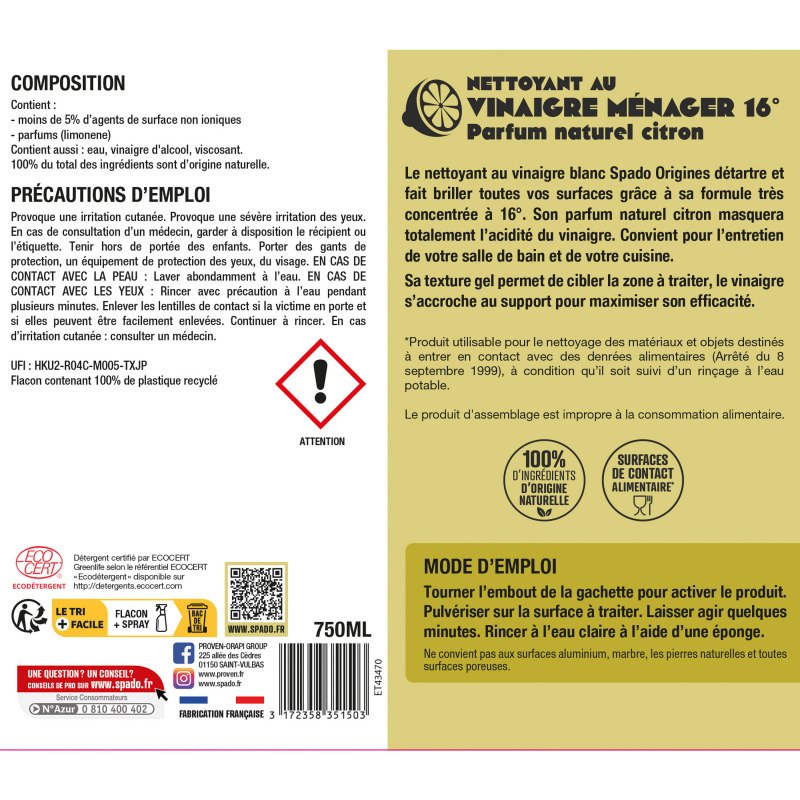 Vinaigre blanc en gel 16° Spado Origines Citron - Spray 750 ml