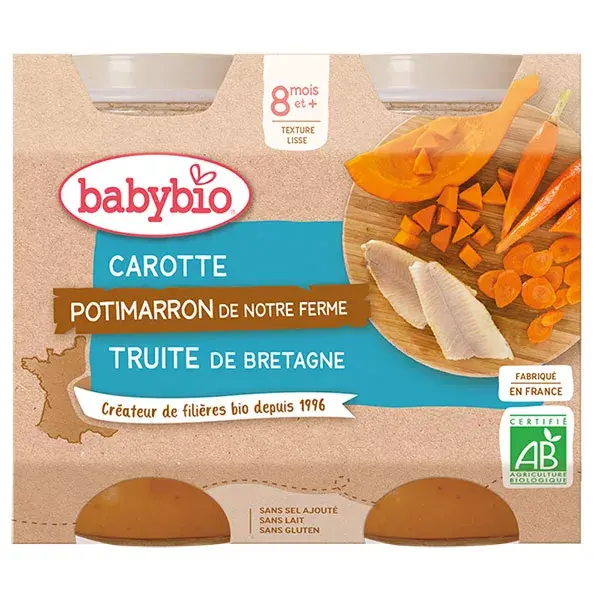 Lancheira Babybio Orgânica de Cenoura, Abóbora e Truta +8m 2 x 200g